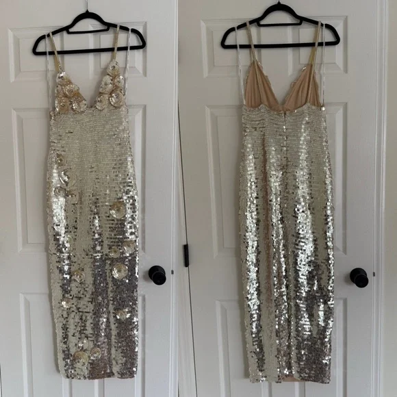 Retrofete Ines Embroidered Sequin Dress Yuzu Gold NEW with tags